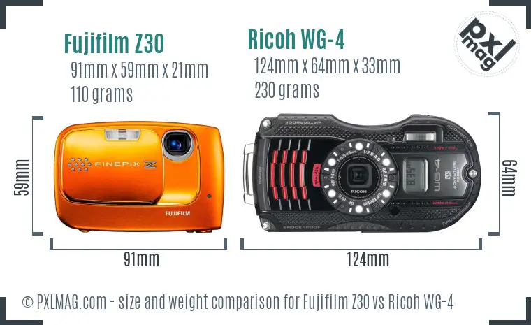 Fujifilm Z30 vs Ricoh WG-4 size comparison