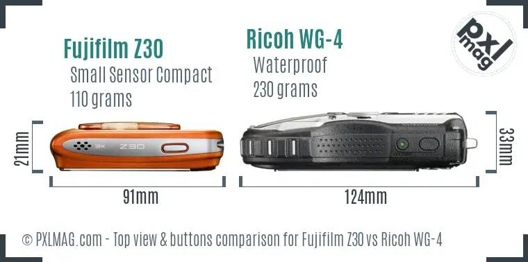 Fujifilm Z30 vs Ricoh WG-4 top view buttons comparison