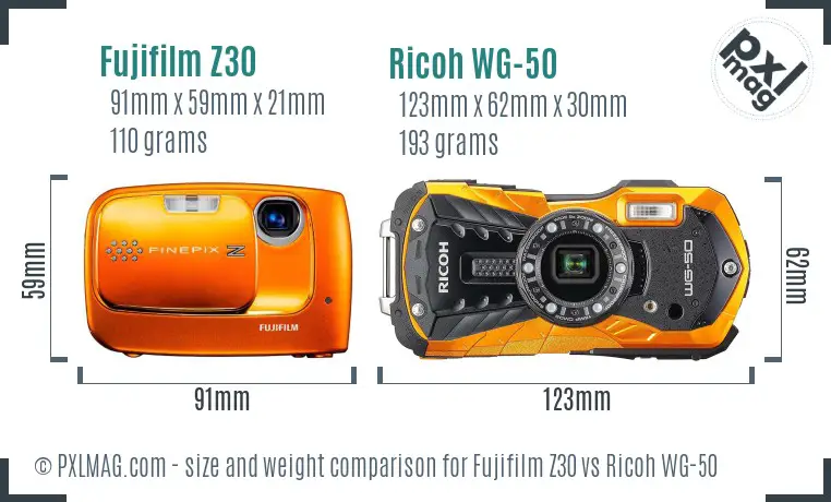 Fujifilm Z30 vs Ricoh WG-50 size comparison