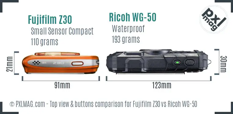 Fujifilm Z30 vs Ricoh WG-50 top view buttons comparison