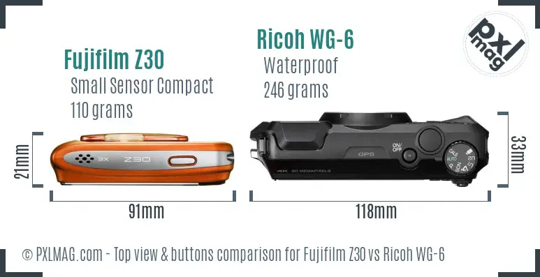 Fujifilm Z30 vs Ricoh WG-6 top view buttons comparison Fujifilm Z30 vs Ricoh WG-6 top view buttons comparison