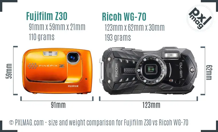 Fujifilm Z30 vs Ricoh WG-70 size comparison