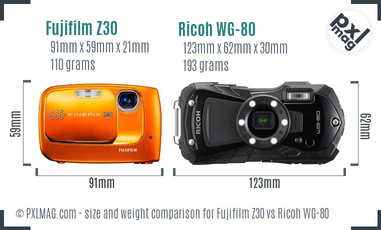 Fujifilm Z30 vs Ricoh WG-80 size comparison