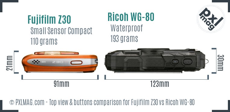 Fujifilm Z30 vs Ricoh WG-80 top view buttons comparison