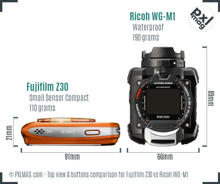 Fujifilm Z30 vs Ricoh WG-M1 top view buttons comparison
