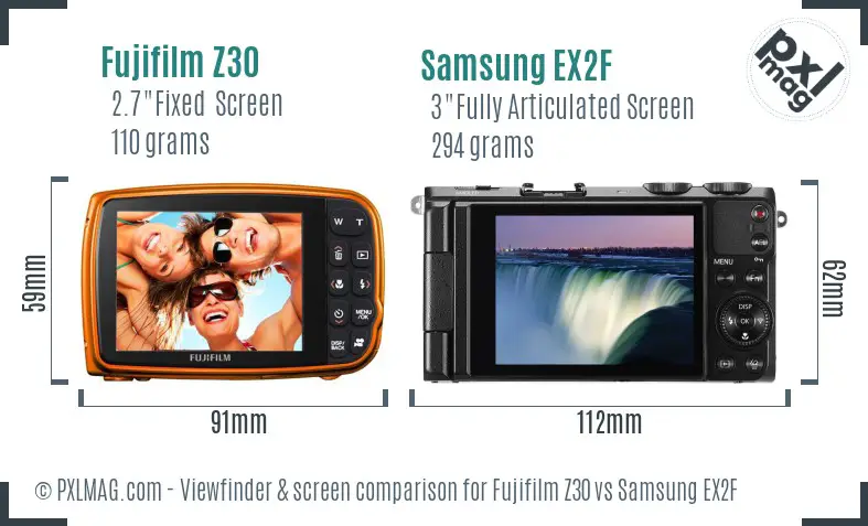 Fujifilm Z30 vs Samsung EX2F Screen and Viewfinder comparison