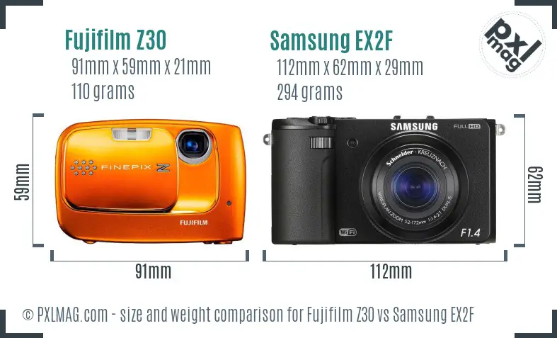 Fujifilm Z30 vs Samsung EX2F size comparison