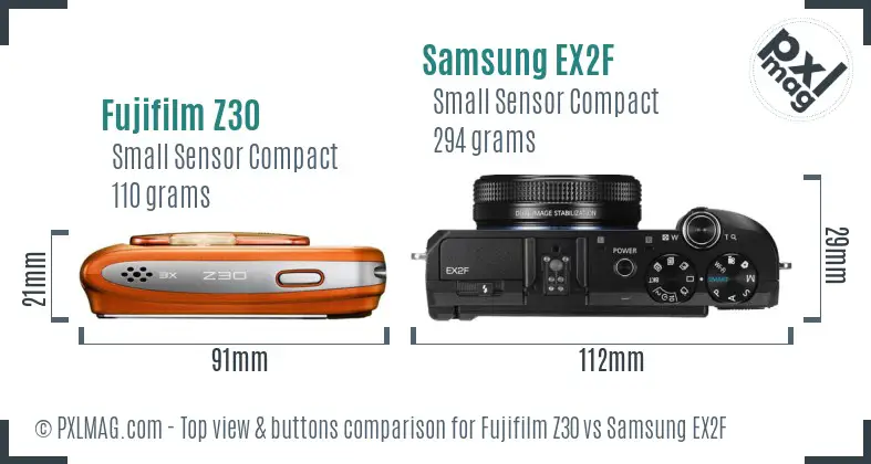 Fujifilm Z30 vs Samsung EX2F top view buttons comparison