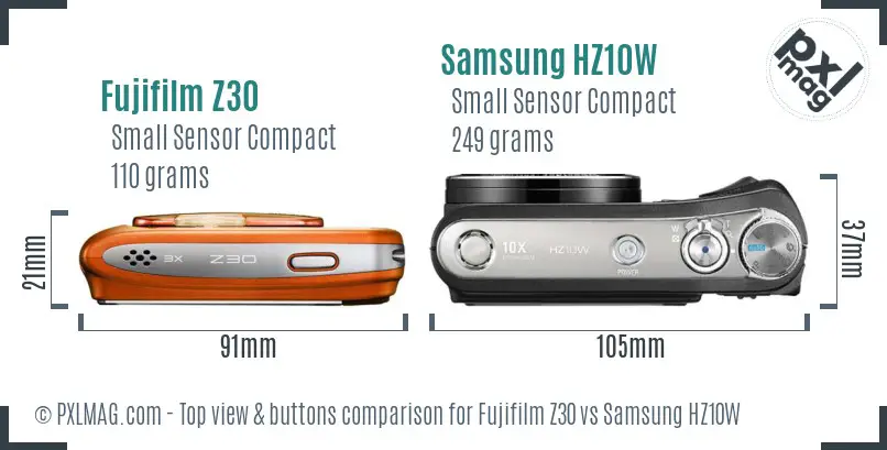 Fujifilm Z30 vs Samsung HZ10W top view buttons comparison