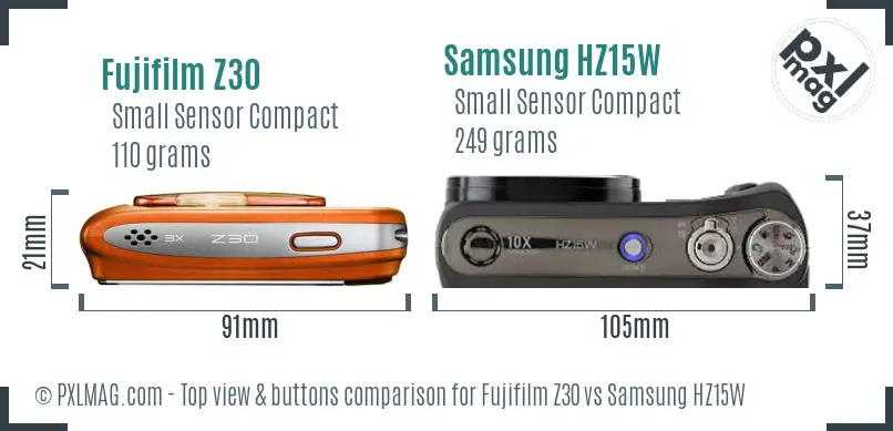 Fujifilm Z30 vs Samsung HZ15W top view buttons comparison