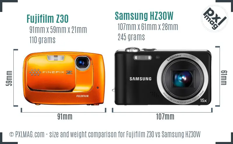 Fujifilm Z30 vs Samsung HZ30W size comparison