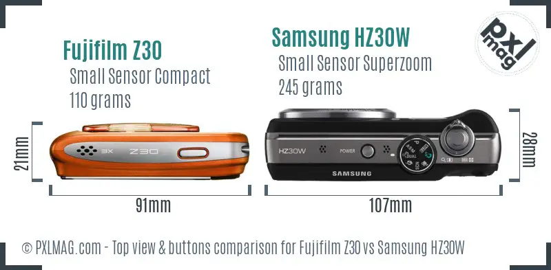 Fujifilm Z30 vs Samsung HZ30W top view buttons comparison