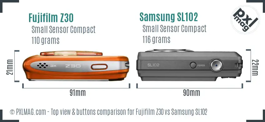 Fujifilm Z30 vs Samsung SL102 top view buttons comparison Fujifilm Z30 vs Samsung SL102 top view buttons comparison