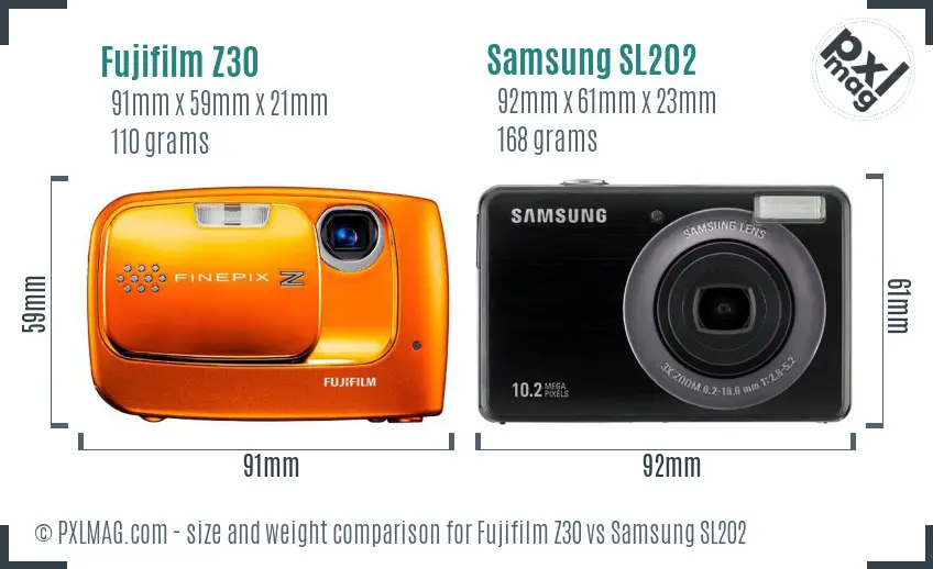 Fujifilm Z30 vs Samsung SL202 size comparison