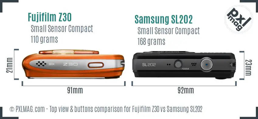 Fujifilm Z30 vs Samsung SL202 top view buttons comparison