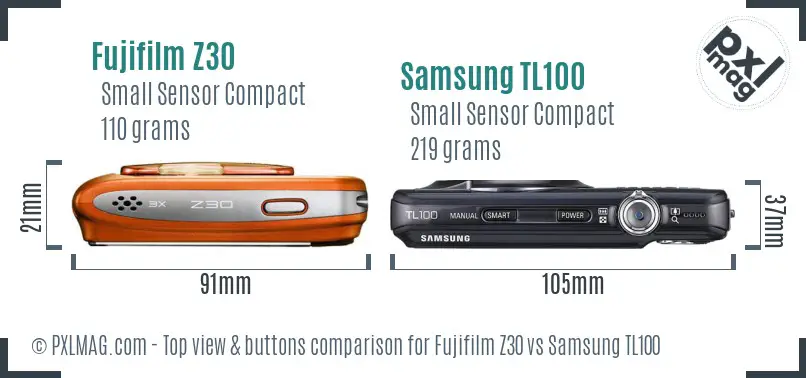 Fujifilm Z30 vs Samsung TL100 top view buttons comparison