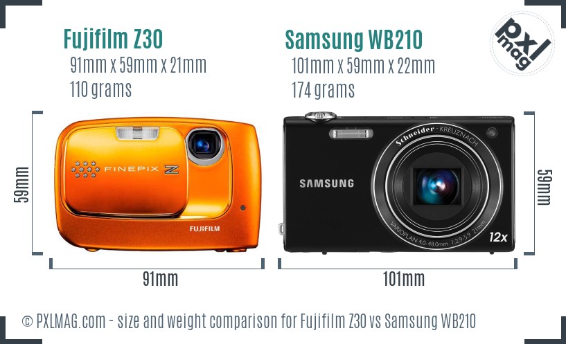 Fujifilm Z30 vs Samsung WB210 size comparison