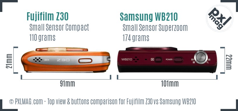 Fujifilm Z30 vs Samsung WB210 top view buttons comparison
