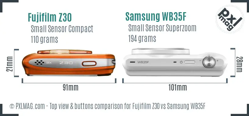 Fujifilm Z30 vs Samsung WB35F top view buttons comparison