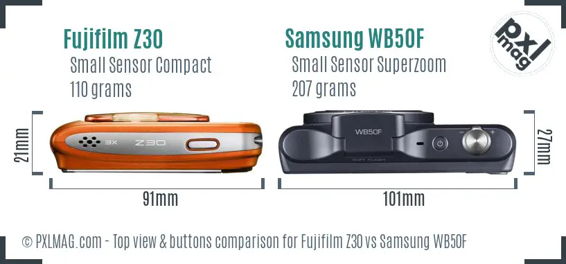 Fujifilm Z30 vs Samsung WB50F top view buttons comparison