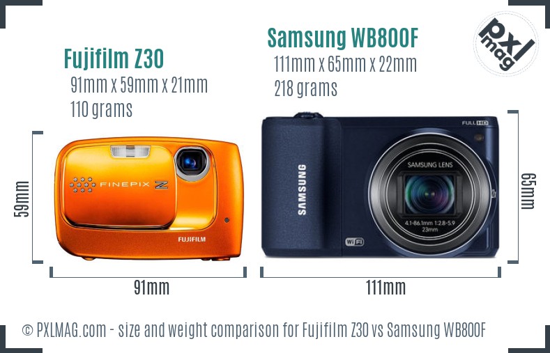 Fujifilm Z30 vs Samsung WB800F size comparison