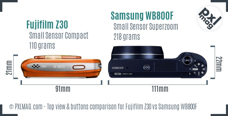 Fujifilm Z30 vs Samsung WB800F top view buttons comparison