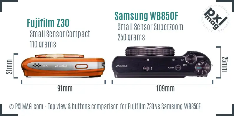 Fujifilm Z30 vs Samsung WB850F top view buttons comparison