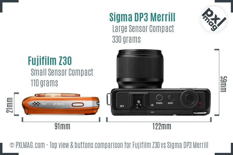 Fujifilm Z30 vs Sigma DP3 Merrill top view buttons comparison