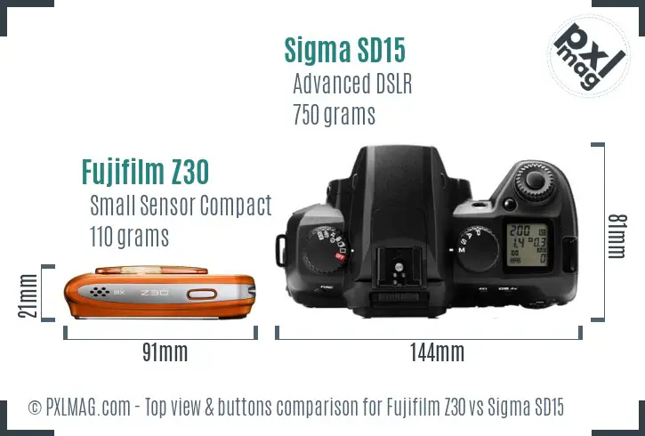 Fujifilm Z30 vs Sigma SD15 top view buttons comparison