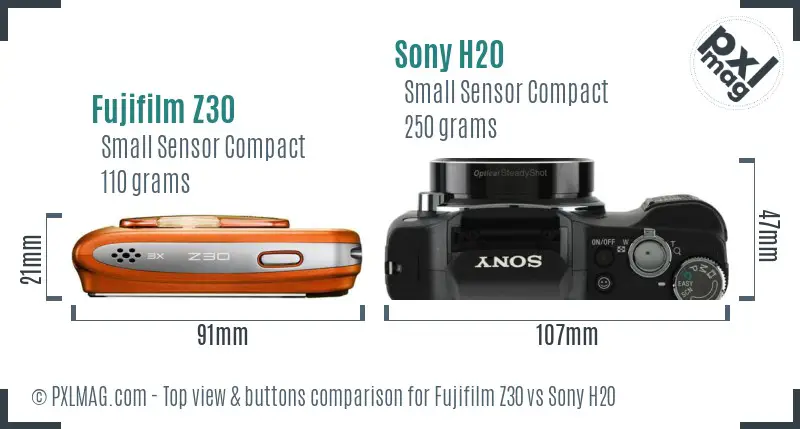 Fujifilm Z30 vs Sony H20 top view buttons comparison