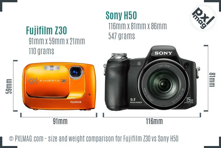 Fujifilm Z30 vs Sony H50 size comparison