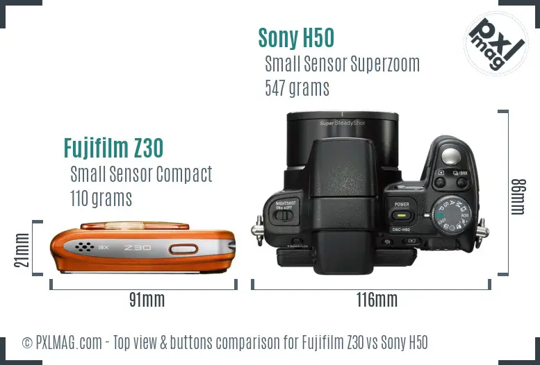 Fujifilm Z30 vs Sony H50 top view buttons comparison