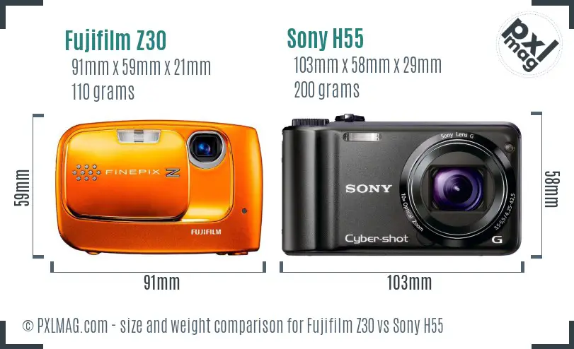Fujifilm Z30 vs Sony H55 size comparison