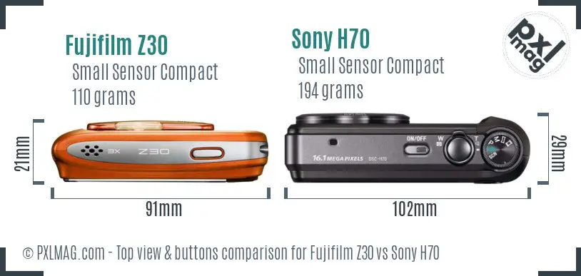 Fujifilm Z30 vs Sony H70 top view buttons comparison