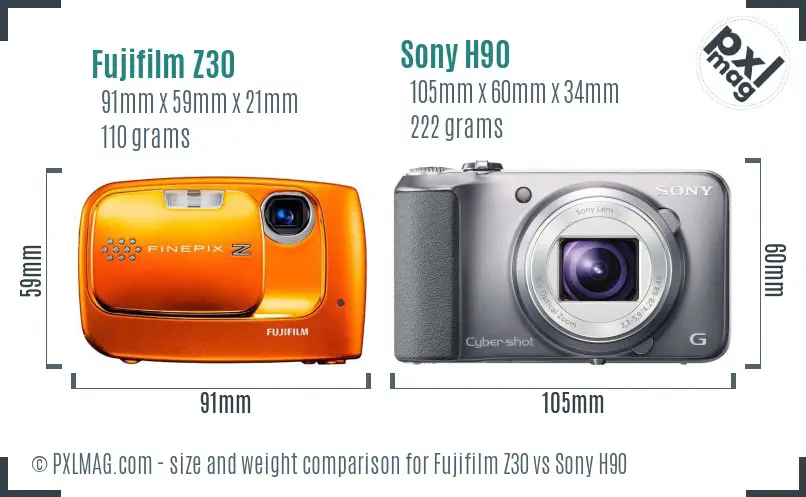 Fujifilm Z30 vs Sony H90 size comparison