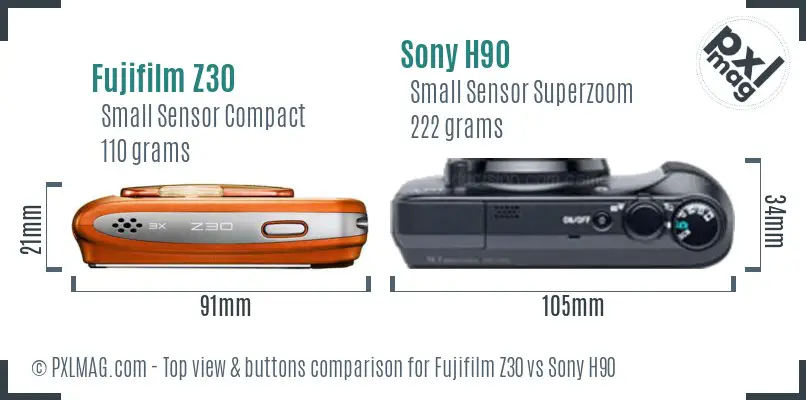 Fujifilm Z30 vs Sony H90 top view buttons comparison
