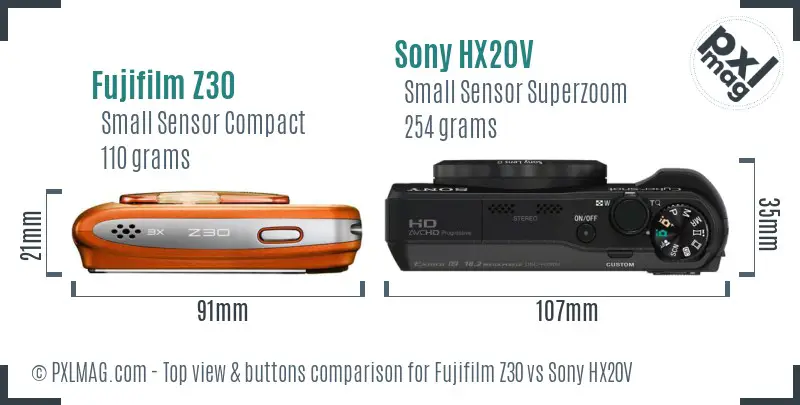 Fujifilm Z30 vs Sony HX20V top view buttons comparison