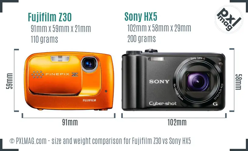 Fujifilm Z30 vs Sony HX5 size comparison