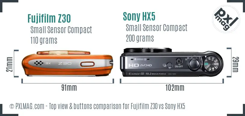 Fujifilm Z30 vs Sony HX5 top view buttons comparison