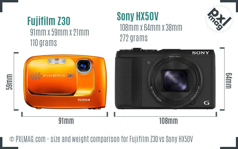 Fujifilm Z30 vs Sony HX50V size comparison