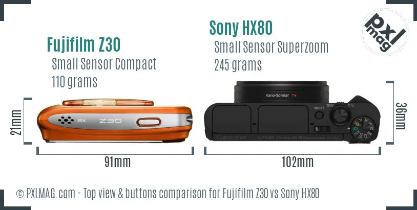 Fujifilm Z30 vs Sony HX80 top view buttons comparison Fujifilm Z30 vs Sony HX80 top view buttons comparison