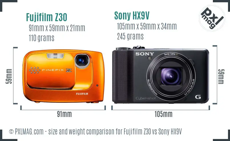 Fujifilm Z30 vs Sony HX9V size comparison