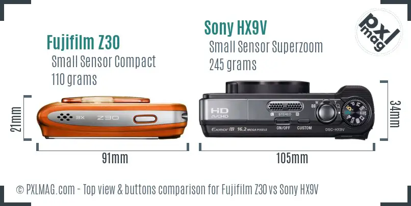 Fujifilm Z30 vs Sony HX9V top view buttons comparison