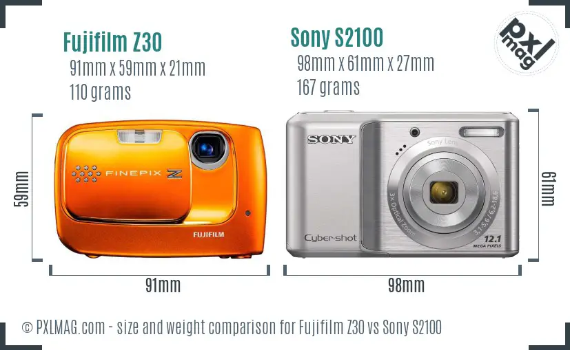 Fujifilm Z30 vs Sony S2100 size comparison