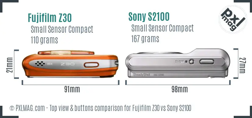 Fujifilm Z30 vs Sony S2100 top view buttons comparison