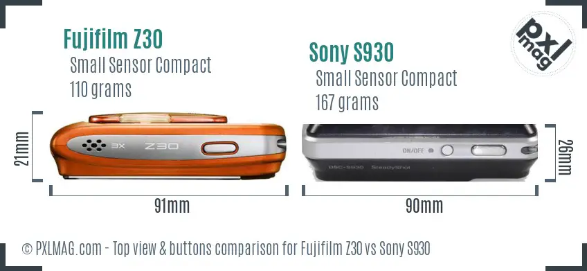 Fujifilm Z30 vs Sony S930 top view buttons comparison