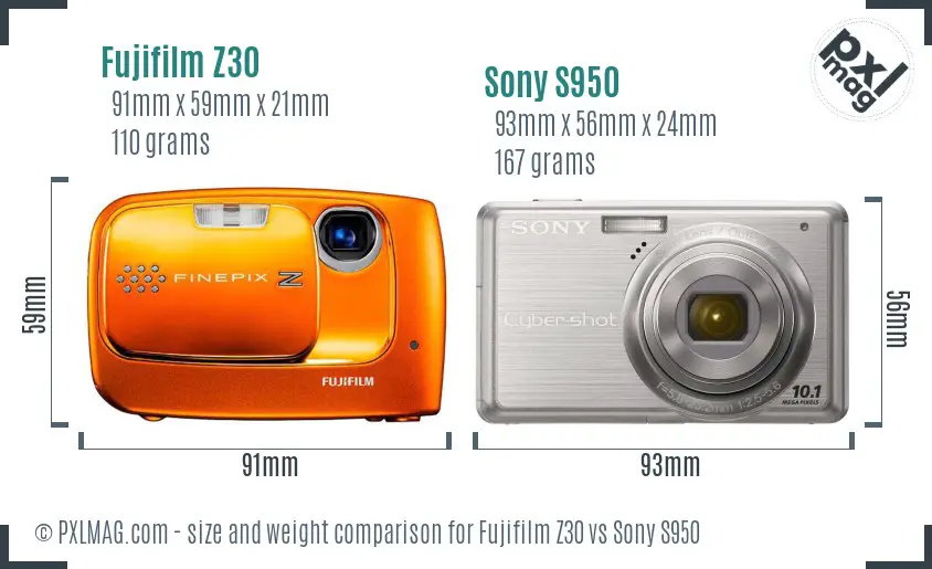 Fujifilm Z30 vs Sony S950 size comparison