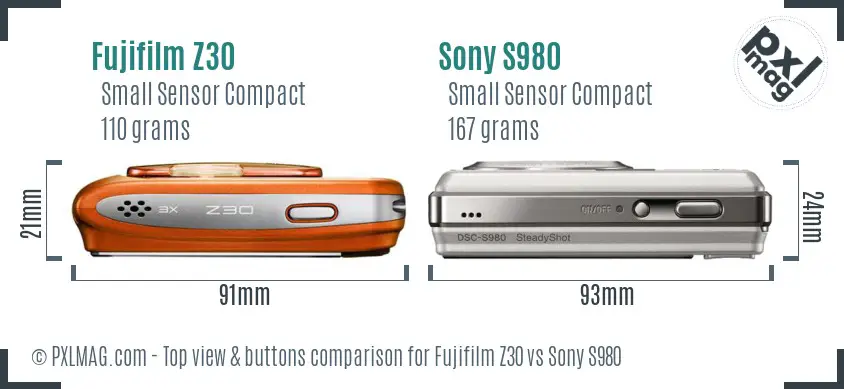 Fujifilm Z30 vs Sony S980 top view buttons comparison