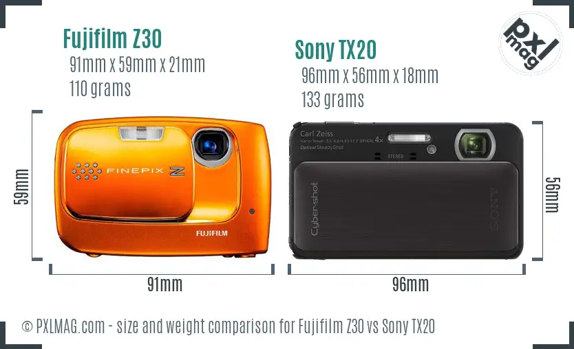 Fujifilm Z30 vs Sony TX20 size comparison