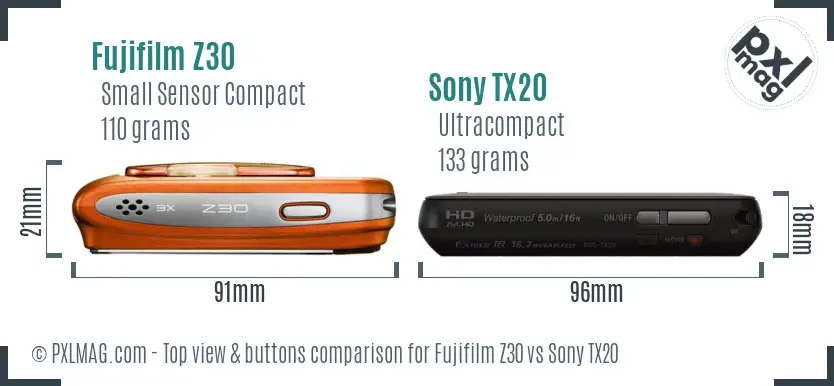 Fujifilm Z30 vs Sony TX20 top view buttons comparison